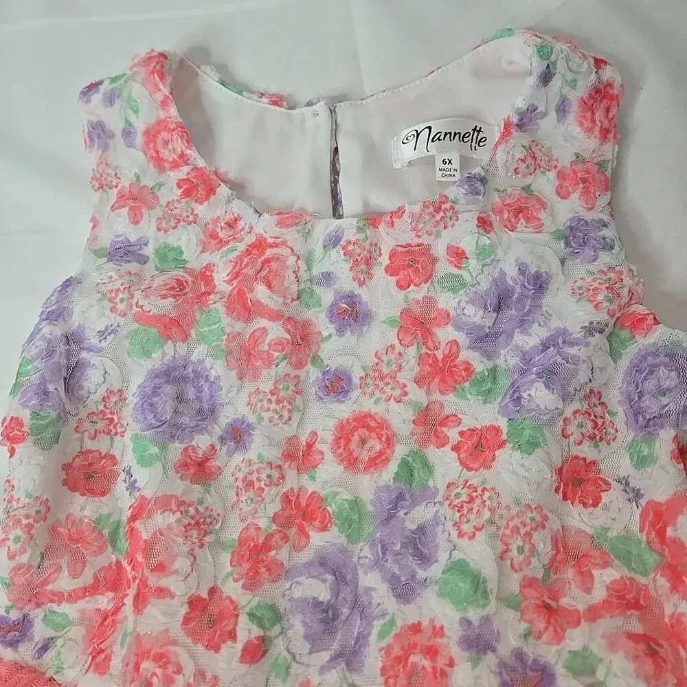 Nannette Flower Girl Dress 6X Layered Pink Floral Wedding Coquette Garden Party